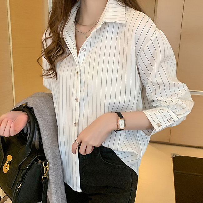 韓系條紋復古輕熟翻領長袖襯衫