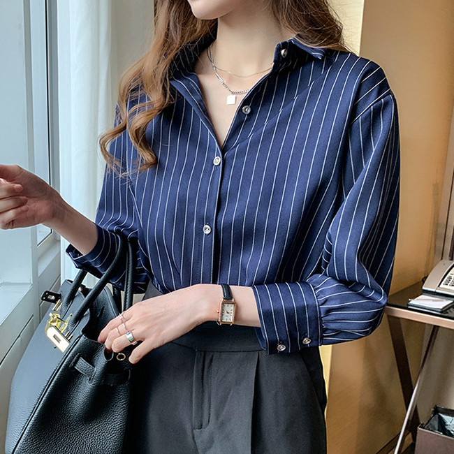 韓系條紋復古輕熟翻領長袖襯衫