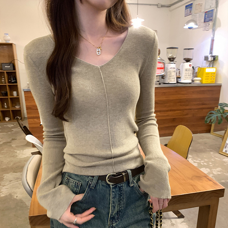 韓版洋氣V領喇叭袖內搭針織衫(3色)