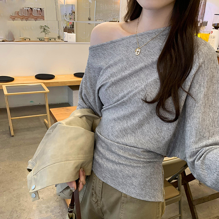韓版氣質斜肩長袖修身內搭打底衫(3色)