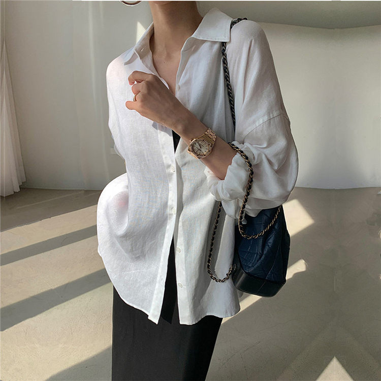 女士大碼韓版POLO領長袖純亞麻寬鬆襯衫