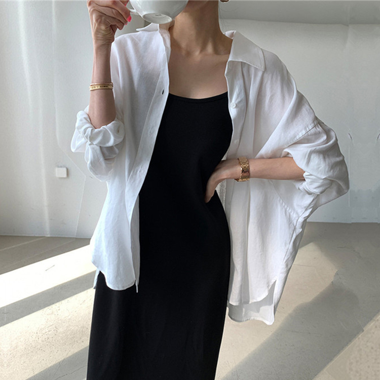 女士大碼韓版POLO領長袖純亞麻寬鬆襯衫