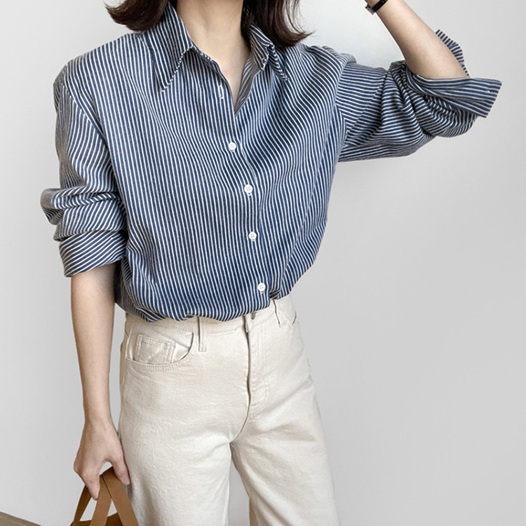 韓版POLO領顯瘦細條紋棉麻休閒百搭襯衫