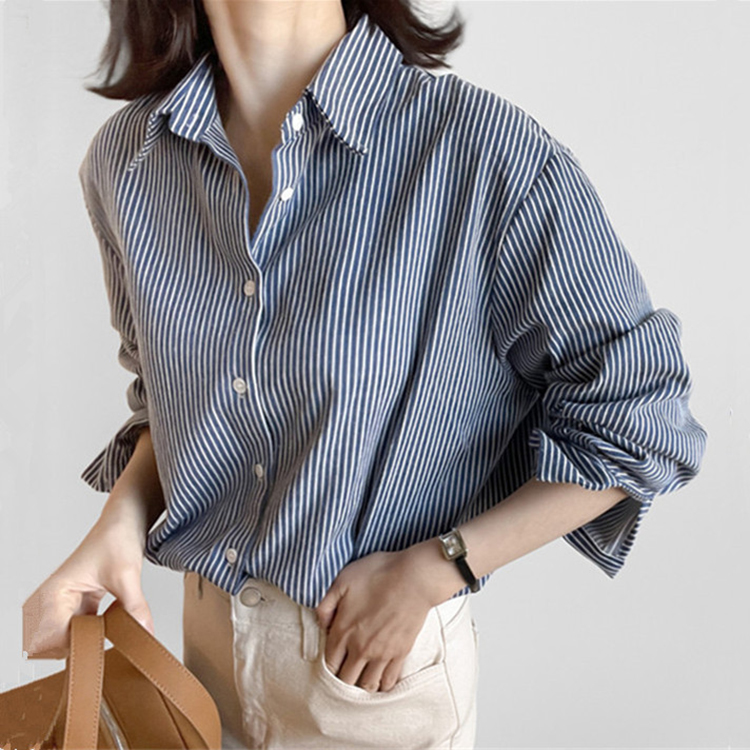 韓版POLO領顯瘦細條紋棉麻休閒百搭襯衫