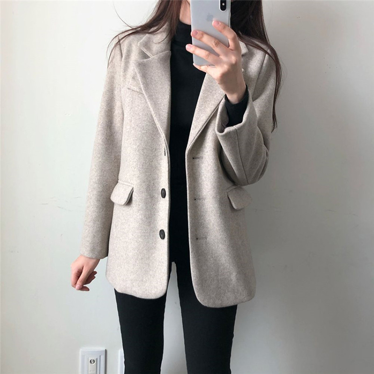 韓版加厚西服領休閒毛呢外套