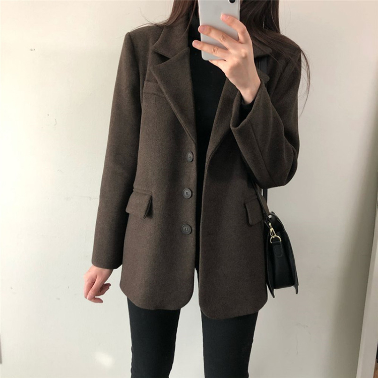 韓版加厚西服領休閒毛呢外套