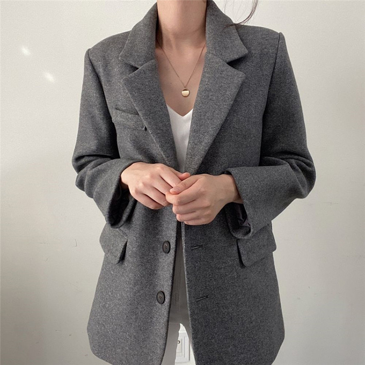 韓版加厚西服領休閒毛呢外套