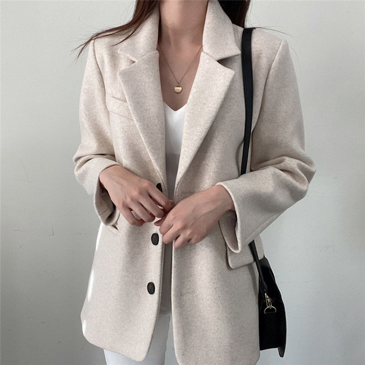 韓版加厚西服領休閒毛呢外套