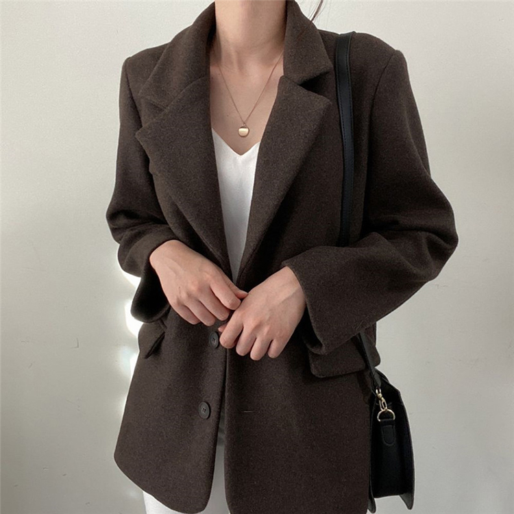 韓版加厚西服領休閒毛呢外套