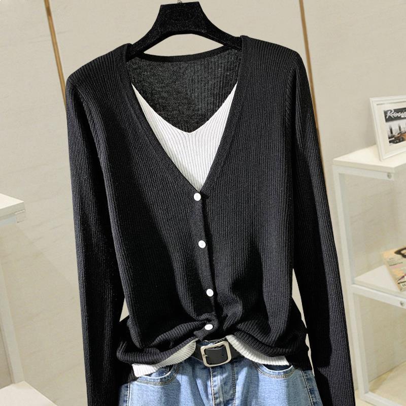 v領羊毛毧假兩件氣質打底衫
