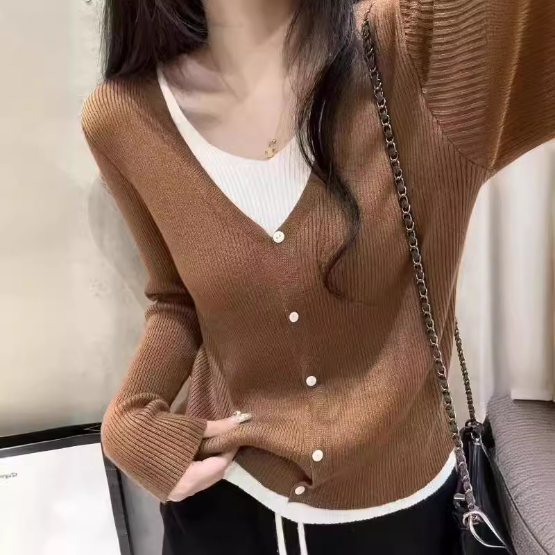 v領羊毛毧假兩件氣質打底衫