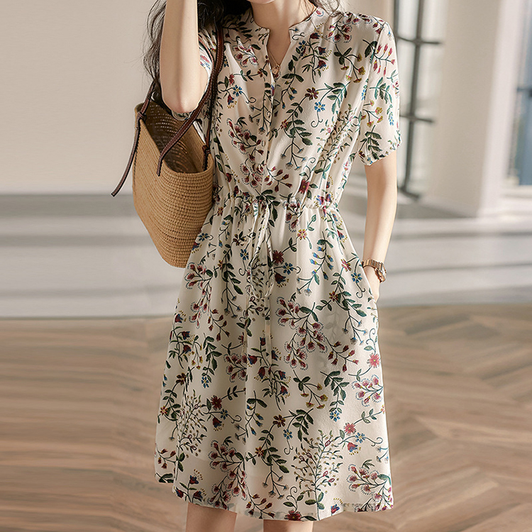 舒適涼感植物印花顯瘦桑蠶絲洋裝