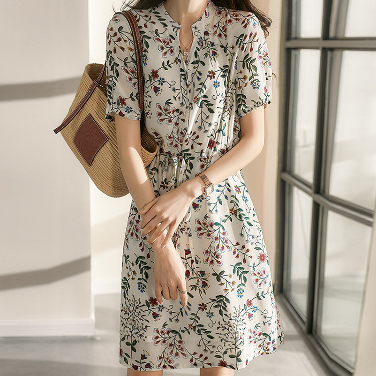 舒適涼感植物印花顯瘦桑蠶絲洋裝