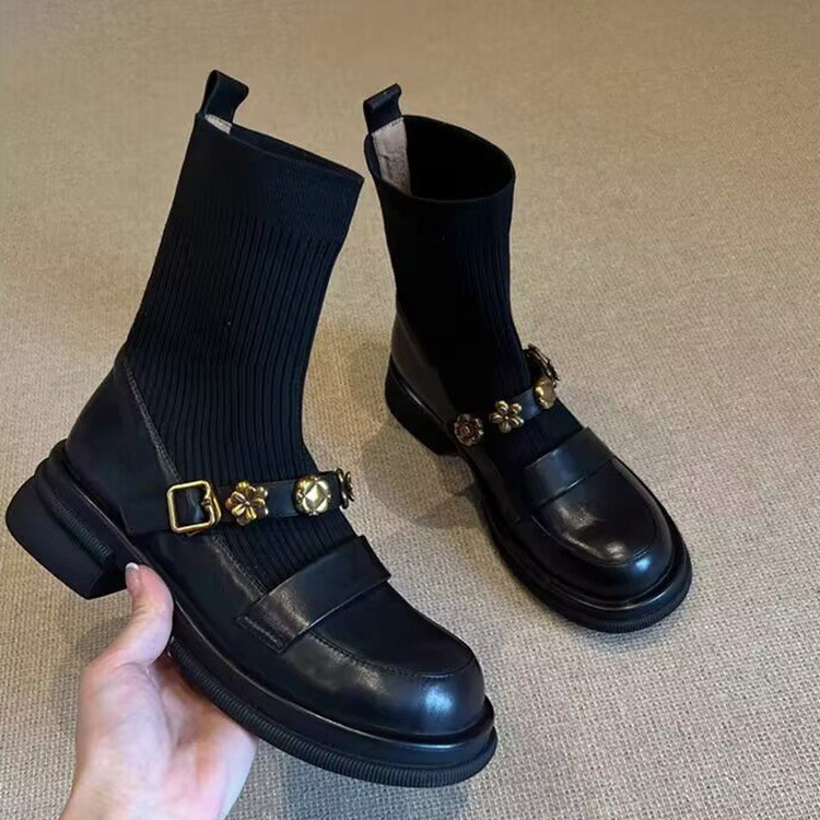 秋冬新款增高厚底圓頭學院風短靴