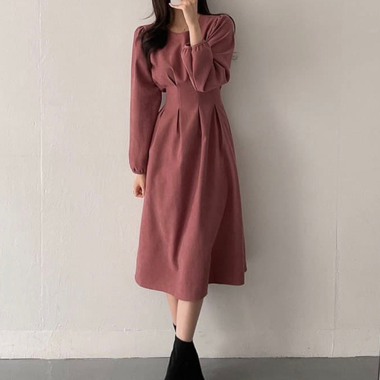 韓國早春優雅氣質圓領收腰顯瘦中長連身裙