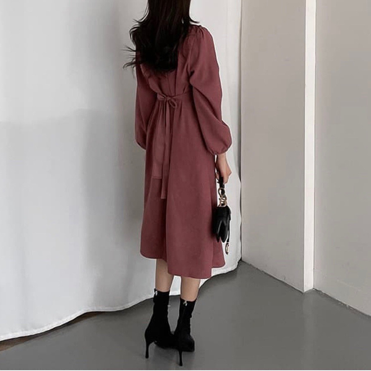 韓國早春優雅氣質圓領收腰顯瘦中長連身裙