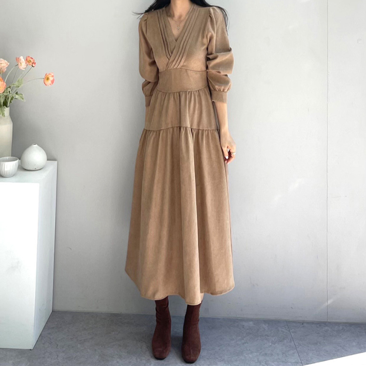 秋冬新款法式優雅V領氣質長連身裙