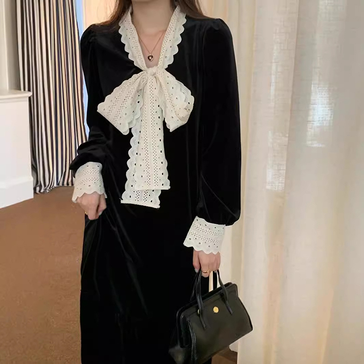 秋季復古鉤花絲絨顯瘦連身裙