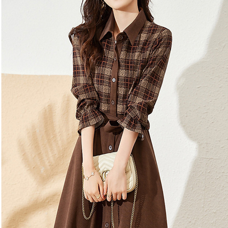 冬季新款簡約百搭格紋長連身裙