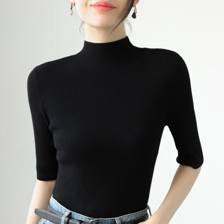 女士細坑條半高領綿羊毛中袖針織衫