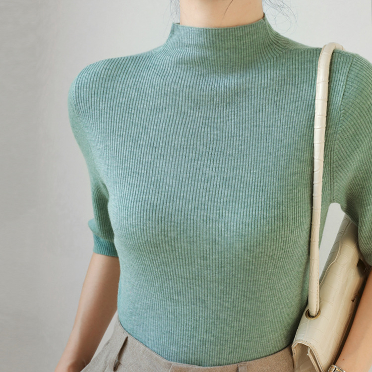 女士細坑條半高領綿羊毛中袖針織衫