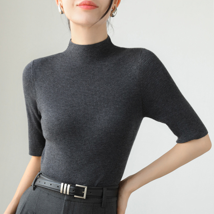 女士細坑條半高領綿羊毛中袖針織衫