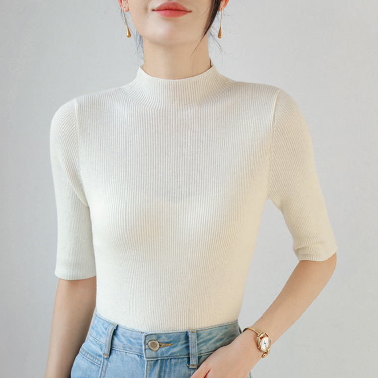 女士細坑條半高領綿羊毛中袖針織衫