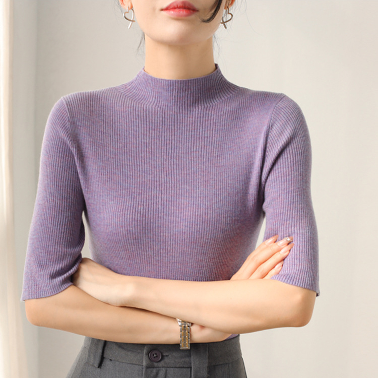 女士細坑條半高領綿羊毛中袖針織衫