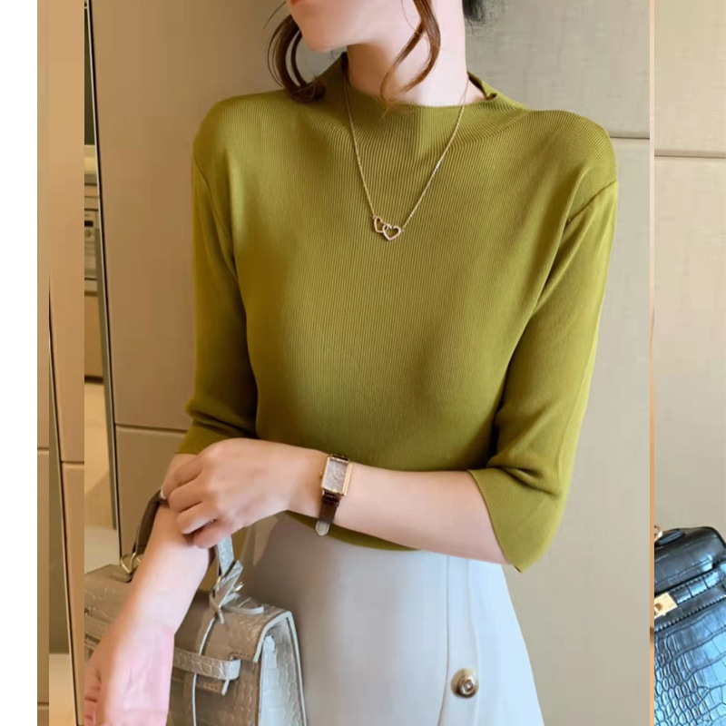 女士冰絲中袖寬鬆純色短款顯瘦氣質打底衫