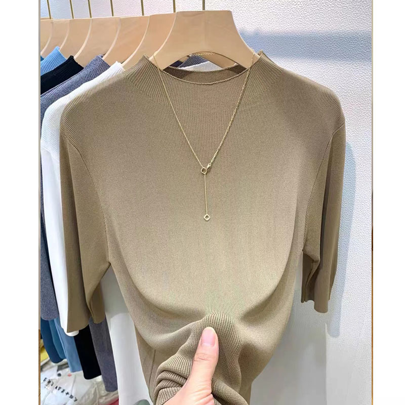 女士冰絲中袖寬鬆純色短款顯瘦氣質打底衫