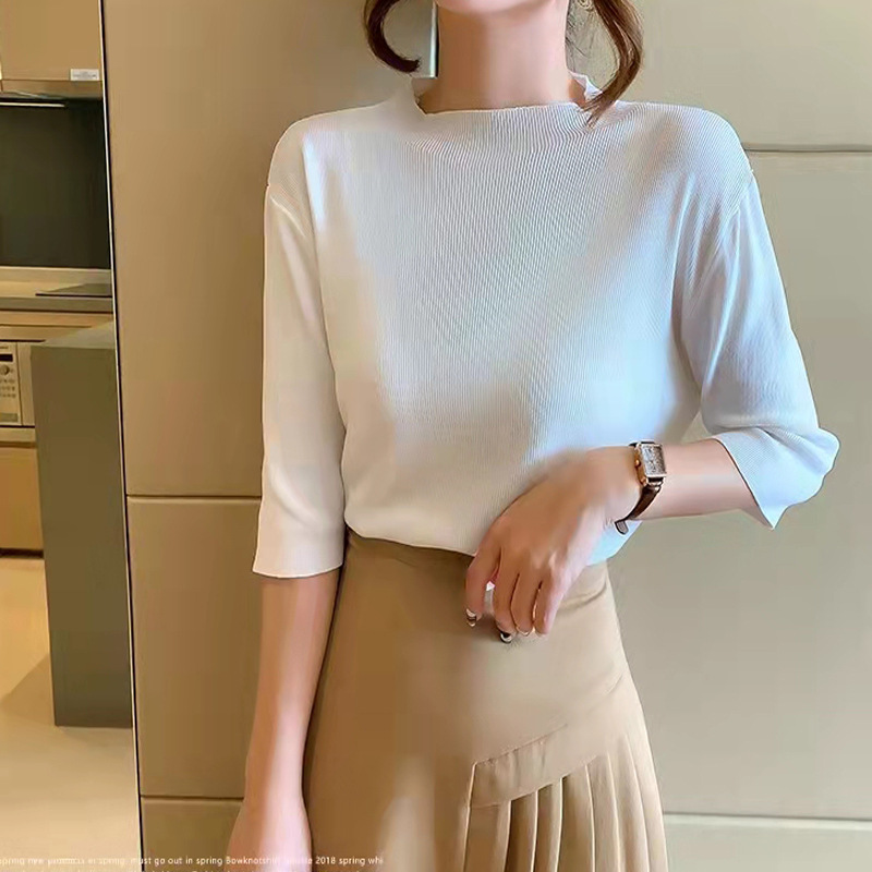 女士冰絲中袖寬鬆純色短款顯瘦氣質打底衫