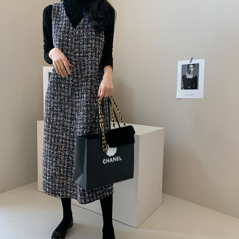 日韓係小香風粗花呢無袖背心連衣裙