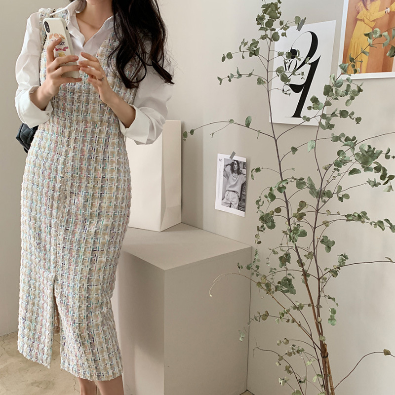 日韓係小香風粗花呢無袖背心連衣裙