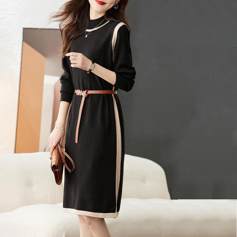 新款洋氣半高領中長款打底内搭毛衣裙