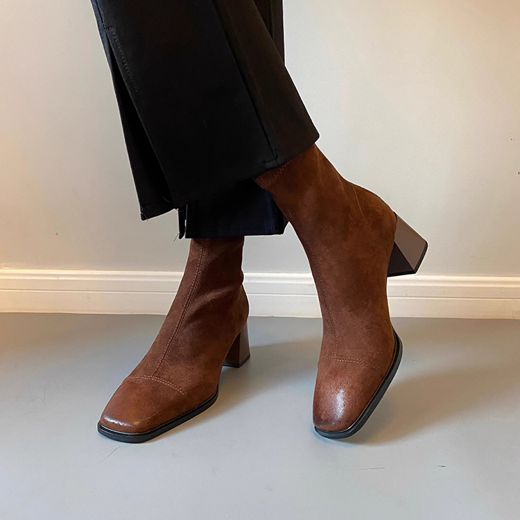 秋冬絨面美拉德粗跟短靴