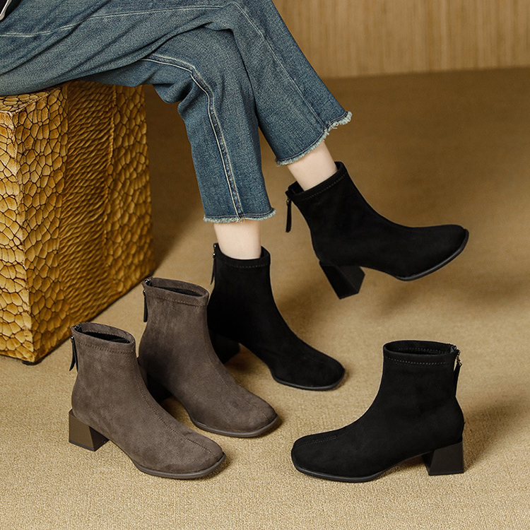 秋冬新款方頭粗跟顯瘦絨面短靴