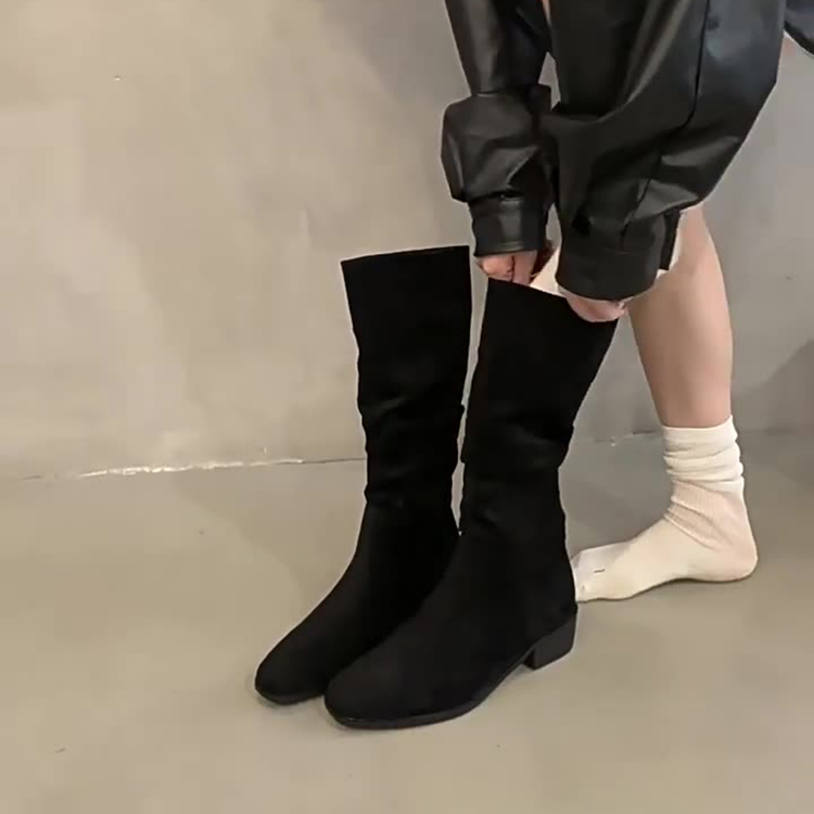 復古顯瘦粗跟絨面長靴