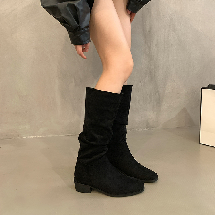 復古顯瘦粗跟絨面長靴