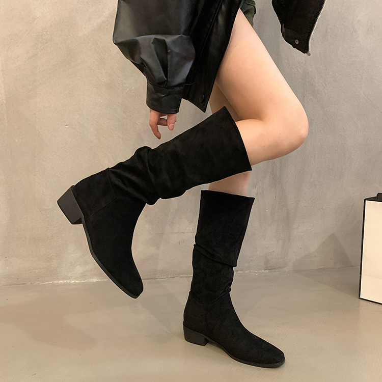 復古顯瘦粗跟絨面長靴