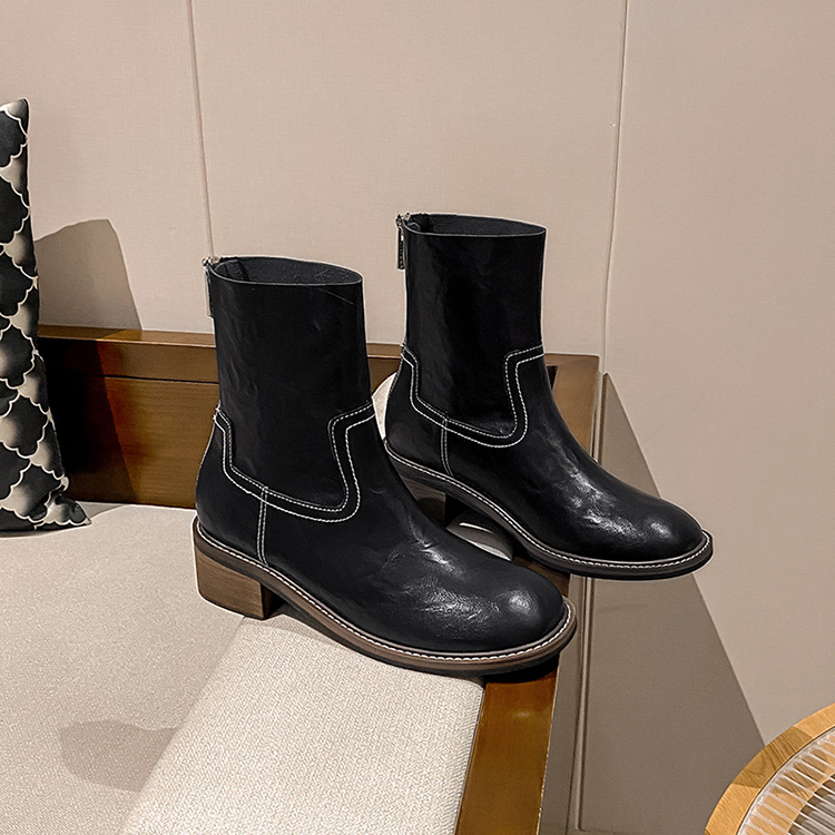 秋冬新款復古圓頭粗跟厚底馬丁靴