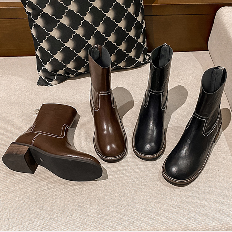 秋冬新款復古圓頭粗跟厚底馬丁靴