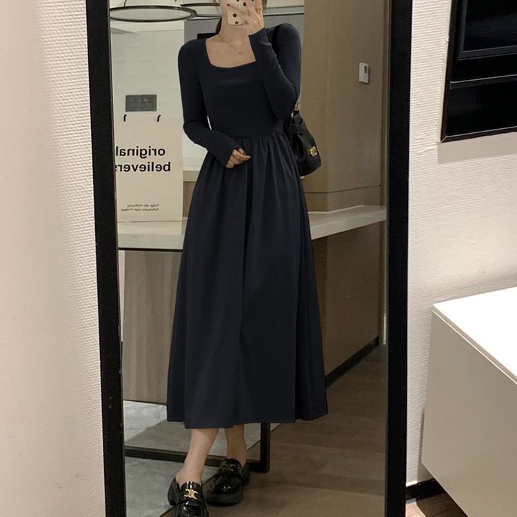春秋法式赫本風方領顯瘦長袖連身裙
