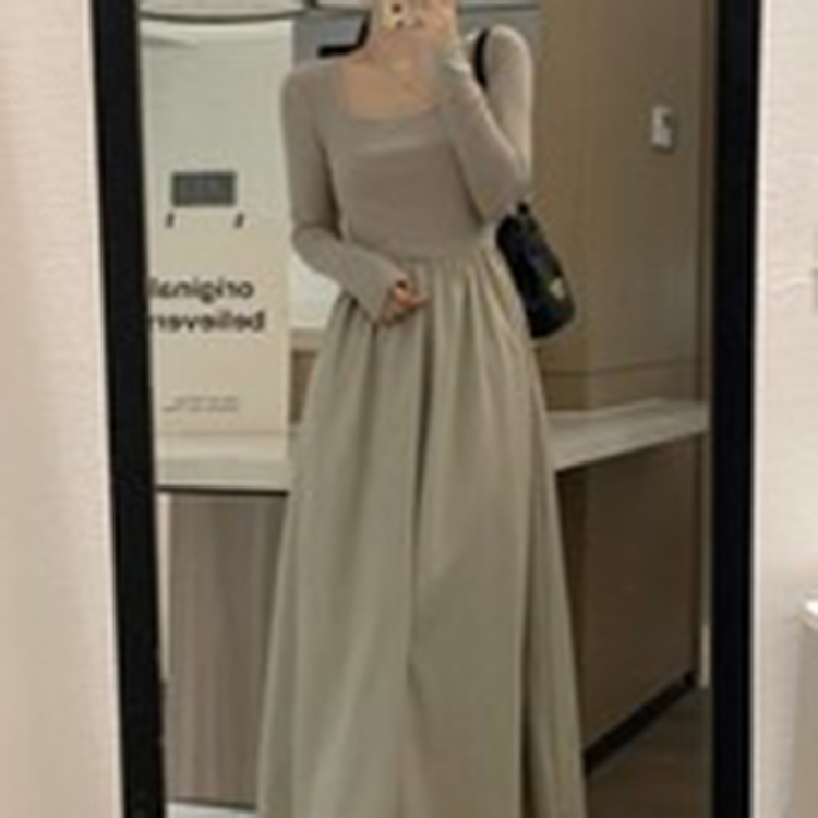 春秋法式赫本風方領顯瘦長袖連身裙