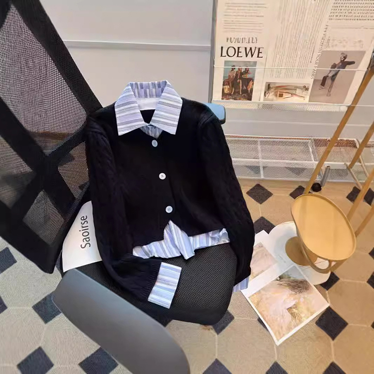 秋冬學院風假兩件條紋襯衫