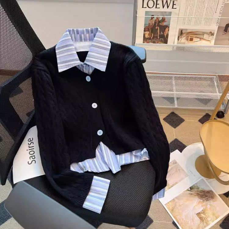 秋冬學院風假兩件條紋襯衫