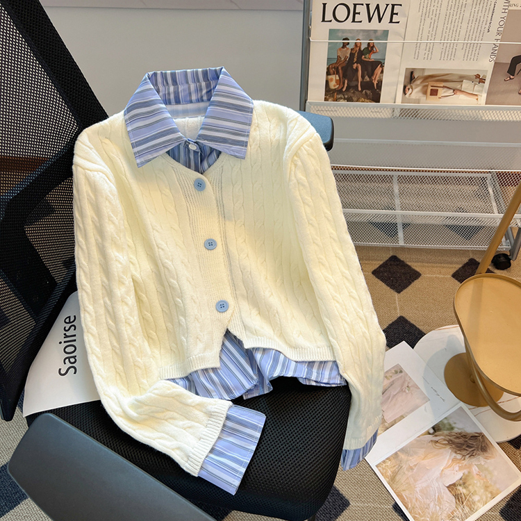 秋冬學院風假兩件條紋襯衫