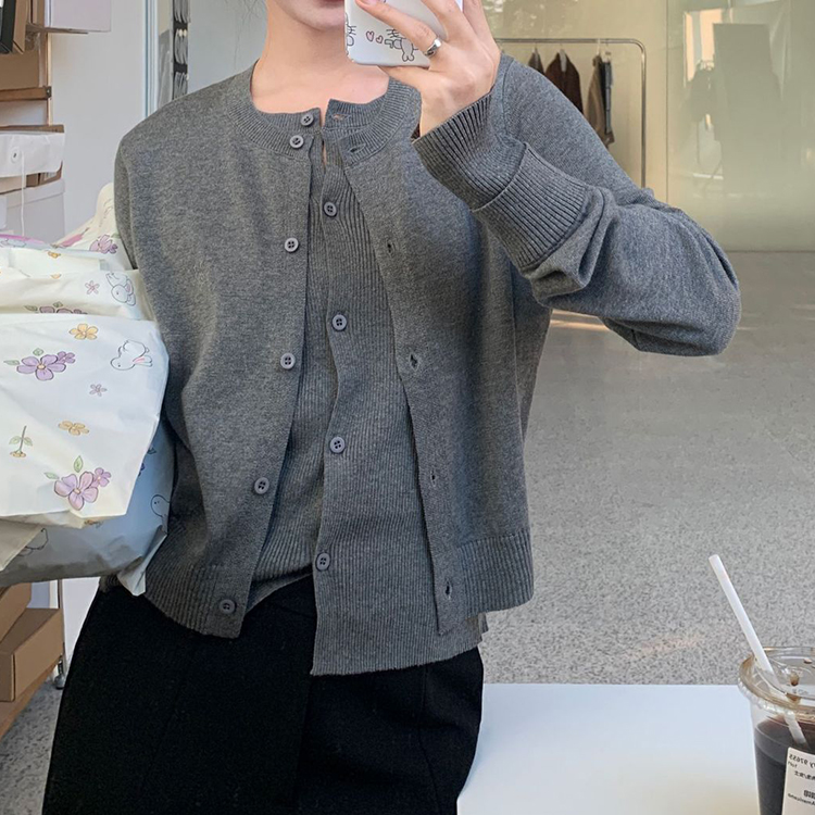 秋季小眾假兩件拼接針織開襟衫