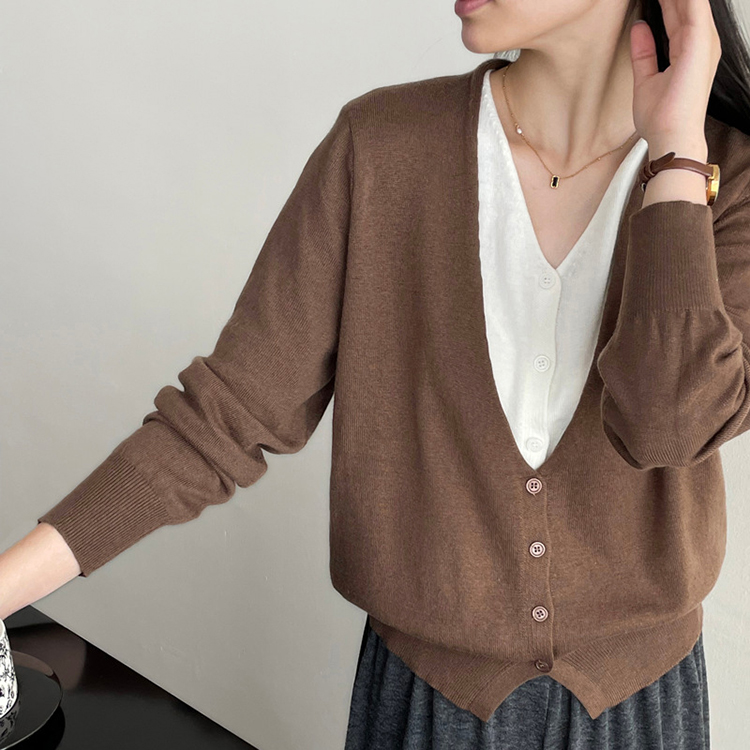 春秋簡約氣質V領假兩件針織開襟衫