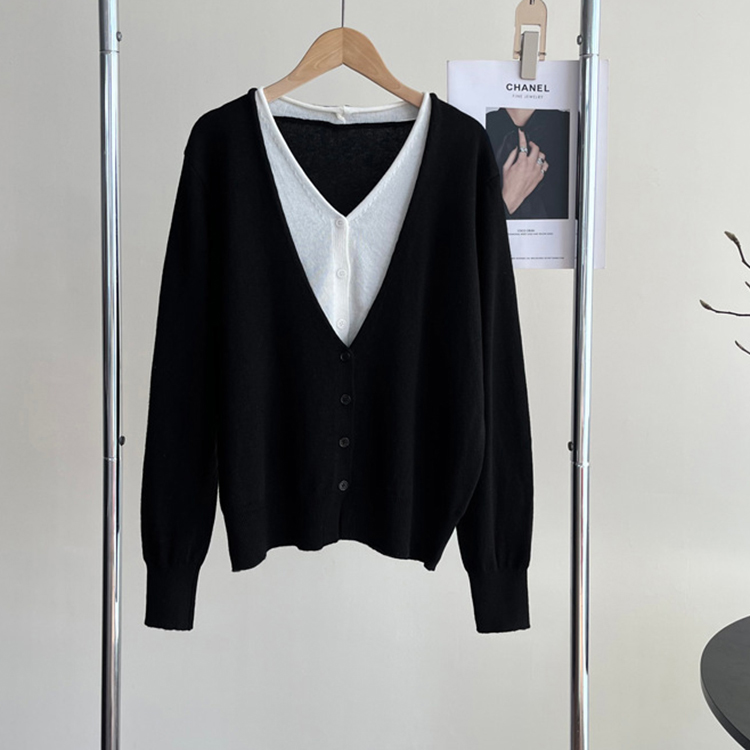 春秋簡約氣質V領假兩件針織開襟衫