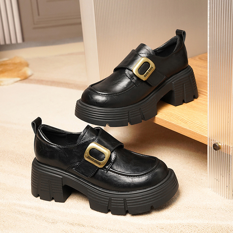 秋冬新款復古英倫風百搭粗跟小皮鞋